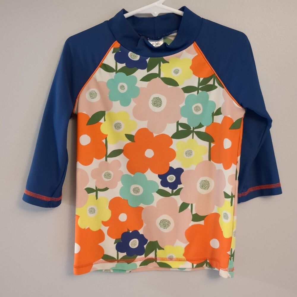 Mini Boden Navy Long Sleeve Floral Rashguard Swim Top Girls Size 4/5